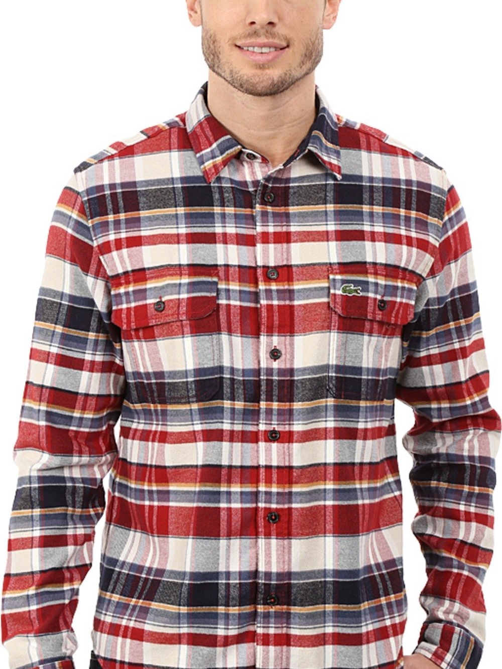 NEW Lacoste Men's Red Blue Plaid Flannel Shirt Button Down XLARGE - Picture 2 of 11
